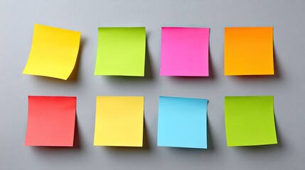 Fototapeta premium Colorful Sticky Notes Arrangement on Gray Background - Bright Office Organization for Reminders, Tasks, and Creative Inspirations