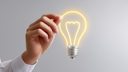 Hand Holding a Light Bulb with Glow Effect Symbolizing Ideas, Innovation, Creativity, and Inspiration on Neutral Background
