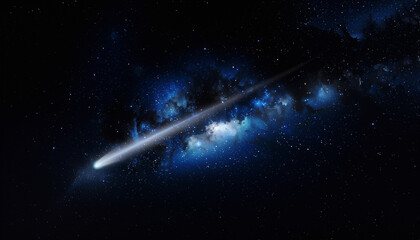 A bright comet streaks across a star-filled night sky, glowing blue within a dense cosmic cloud.