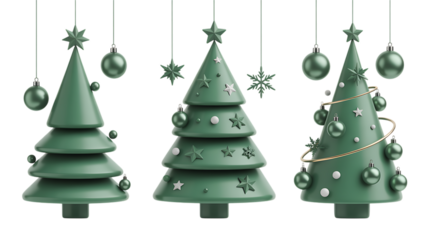 Celebrate a stylish Christmas with these festive green 3D Christmas trees, complete with ornaments and stars, perfect for your holiday designs and seasonal greetings