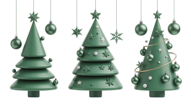 Celebrate a stylish Christmas with these festive green 3D Christmas trees, complete with ornaments and stars, perfect for your holiday designs and seasonal greetings