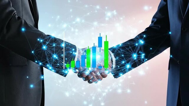 Business handshake with digital technology representing financial growth and partnership.
