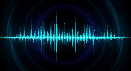 Futuristic digital sound wave equalizer with neon blue frequency bars on dark background