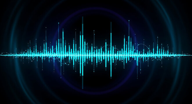 Futuristic digital sound wave equalizer with neon blue frequency bars on dark background