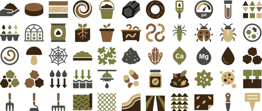 Gardening and soil icon set. containing plant, soil, pot, seed, insect, compost, ph, nutrient, worm, watering. Vector collection