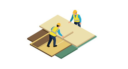 Workers installing flooring panels in isometric style