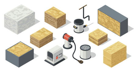 Isometric construction materials and equipment: stone, wood, and tools
