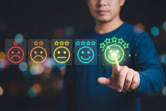 Man selecting a five-star glowing satisfaction icon on a digital rating scale representing customer experience evaluation and positive feedback.
