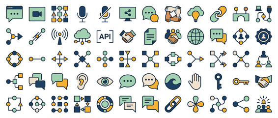 Fototapeta premium Communication and technology icons set. including chat, network, handshake, data, cloud, share, api, connection, digital, media. Vector collection