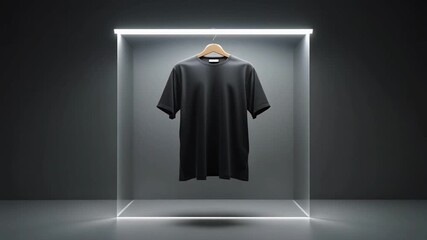 A plain black t-shirt hangs on a wooden hanger inside a glowing cube. - Powered by Adobe