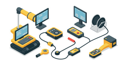 Isometric robotics and automation equipment with control panels and monitors