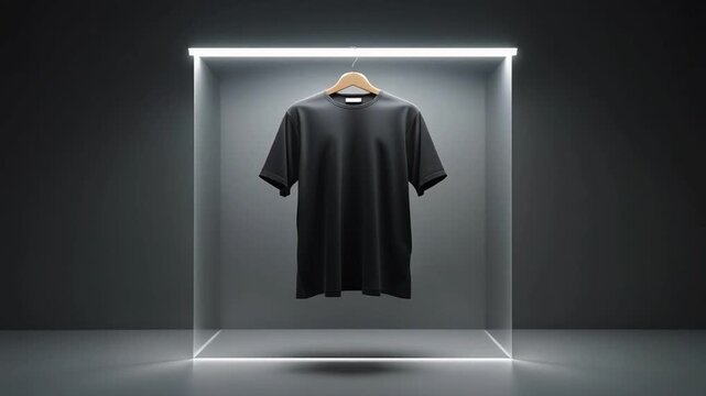 A plain black t-shirt hangs on a wooden hanger inside a glowing cube.