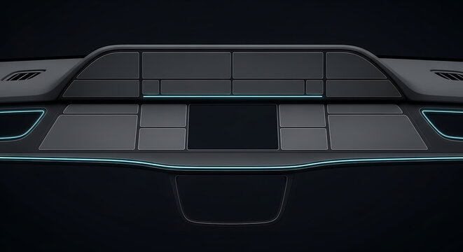Futuristic dark car dashboard design featuring neon ambient lighting and customizable blank display panels for mockup.