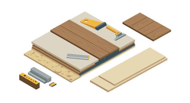 Isometric construction tools and wooden panels for home renovation projects