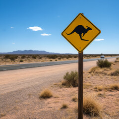 Kangaroo Silhouette Road Sign on Sunny Summer Day