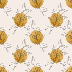 Trendy minimalist seamless botanical pattern with abstract creative line art hand drawn composition in neutral colors ideal for interior design, wallpaper, minimal background, vector illustration