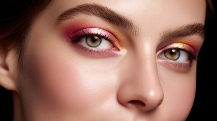 Naklejka premium Close-up of a Young Woman with Artistic Eye Makeup Featuring Pink, Gold, and Purple Shades Against a Dark Background for Beauty and Makeup Inspiration