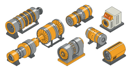 Isometric industrial machines: detailed yellow and grey equipment with engines and components