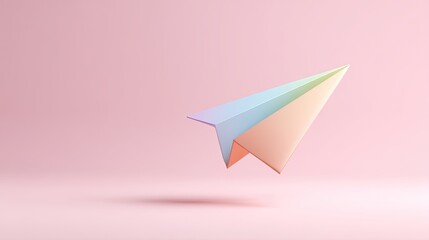 Naklejka premium Colorful paper airplane flying against a soft pink background, representing creativity and imagination in design and business concepts, minimalistic style