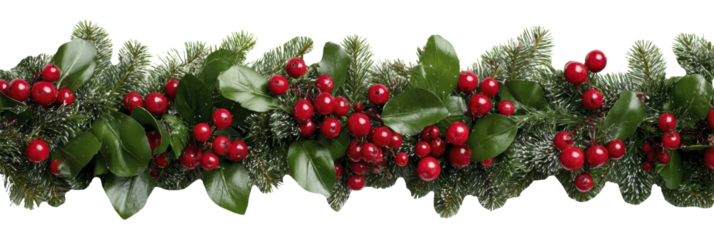 Festive holiday garland with red berries and greenery for seasonal decor isolated on transparent background