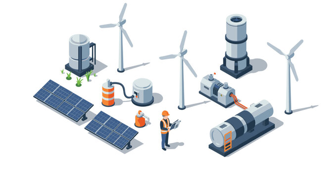 Renewable energy isometric design featuring wind turbines and solar panels