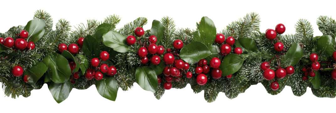 Festive holiday garland with red berries and greenery for seasonal decor isolated on transparent background - Powered by Adobe