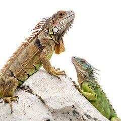Obraz premium Two iguanas basking in the sun, their vibrant colors popping against the stone, a captivating scene of wildlife and natural beauty perfect for nature lovers