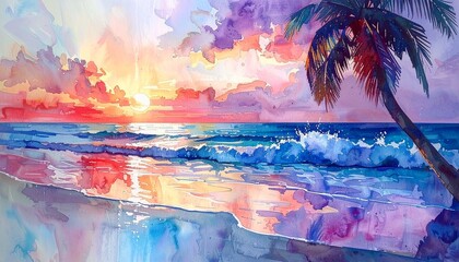 수채화 일몰 바다와 야자수 해변