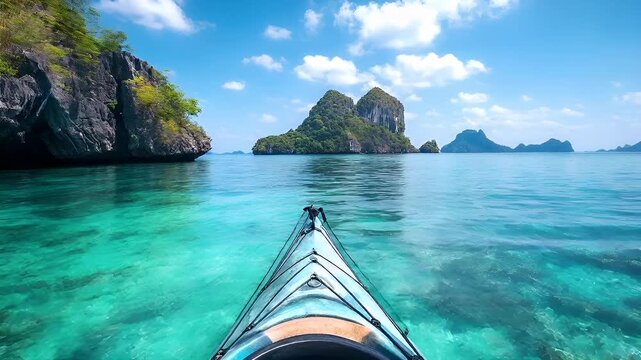 Aerial view of a kayak in clear turquoise waters with rocky coastline and islands in the background. The kayak is in the foreground, with its front end facing the viewer.