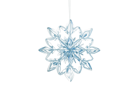 Intricate glass snowflake ornament hanging isolated on transparent background