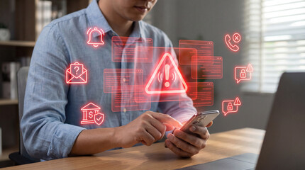 Cybersecurity alert and digital warning concept with user checking smartphone notifications and red danger icons.