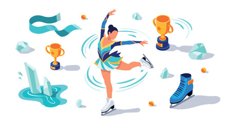 Graceful ice skater with trophies and winter elements in vibrant isometric style