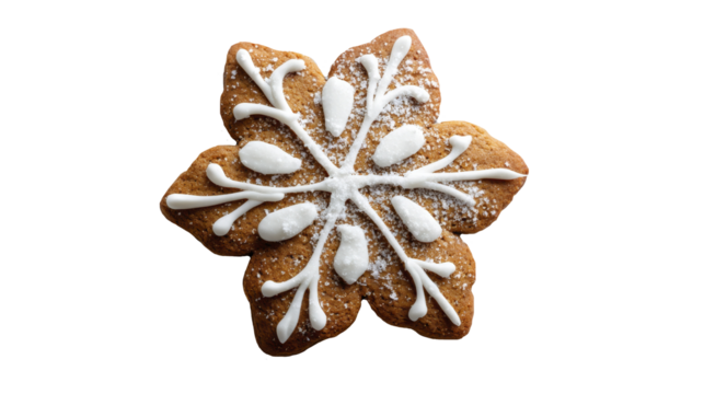 Festive snowflake gingerbread with icing isolated on transparent background