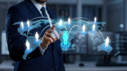 Global business network connection concept with businessman interacting with digital world map and people icons.