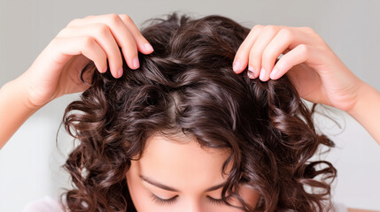 Fototapeta premium Woman with curly brown hair touching and examining hair texture with fingers. Haircare routine showing scalp massage and curl assessment at home, trichology concept for healthy hair maintenance.