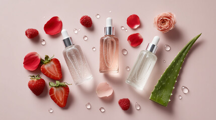 Natural skincare serum bottles with organic ingredients: strawberries, raspberries, rose petals, aloe vera and water droplets on pink background. Eco cosmetic products with botanical extracts concept.