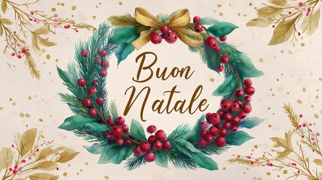 Italian lettering 'Buon Natale' surrounded by watercolor Christmas wreath, pine branches