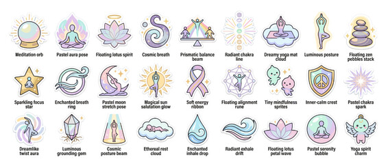 Mindfulness and healing icon set. meditation, yoga, aura, cosmic, prismatic, enchanted, dreamy and more. Vector collection