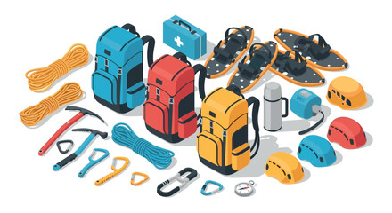 Isometric winter hiking gear set with backpacks and safety equipment