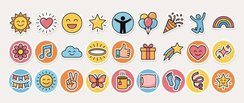 Positive and whimsical icons set. featuring sun, heart, smiley, star, balloons, confetti, dancer, and rainbow. Vector collection