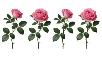 Vibrant pink roses with lush green leaves stand tall, perfect for adding a touch of romance and elegance to any design project or celebration.