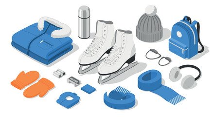 Winter skating essentials in blue and orange isometric style