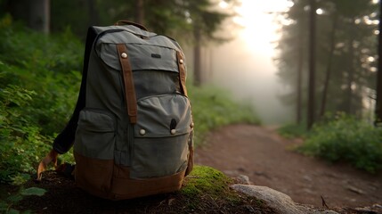 A backpack rests on a forest path during a misty golden hour sunrise