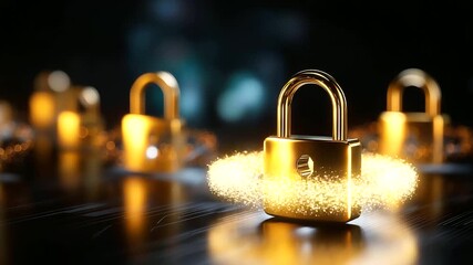 Multiple glowing padlock icons with vault, defocused dark background, digital security concept, data protection visualization, cybersecurity infrastructure, information safety syst - Powered by Adobe