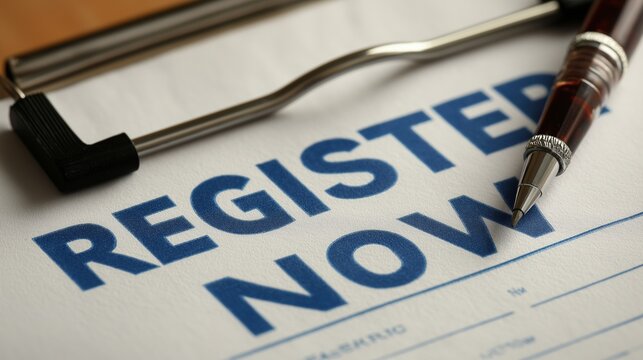 Register Now Form with Pen on Clipboard