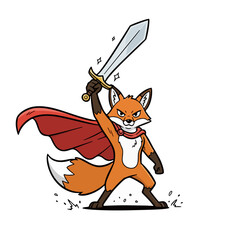 Heroic Fox Warrior with Sword and Cape Raised in Victory Pose