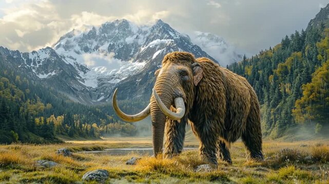 Majestic mammoth stands tall against a backdrop of snow-capped mountains and a lush valley.
