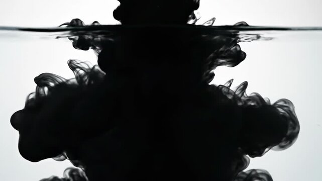 Extremely slow motion collision of heavy black acrylic ink dropping and spreading in crystal clear water forming dramatic organic shapes isolated, flowing, heavy black acrylic ink