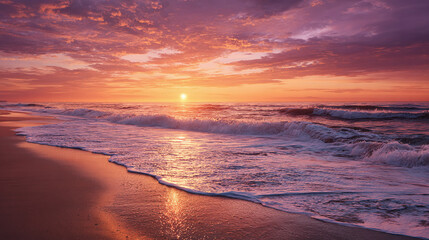 A breathtaking sunset casting its vibrant hues over a serene beach and ocean, creating a picturesque coastal scene. The sky is ablaze with color as the sun dips below the horizon