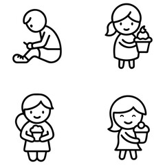 Simple black and white outline illustrations depict four cartoon figures: one seated boy tying his shoe